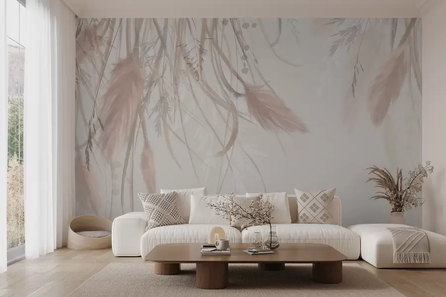 wall murals Soft, wispy pampas grass and spikelets in shades of beige and pink against a light background w08611