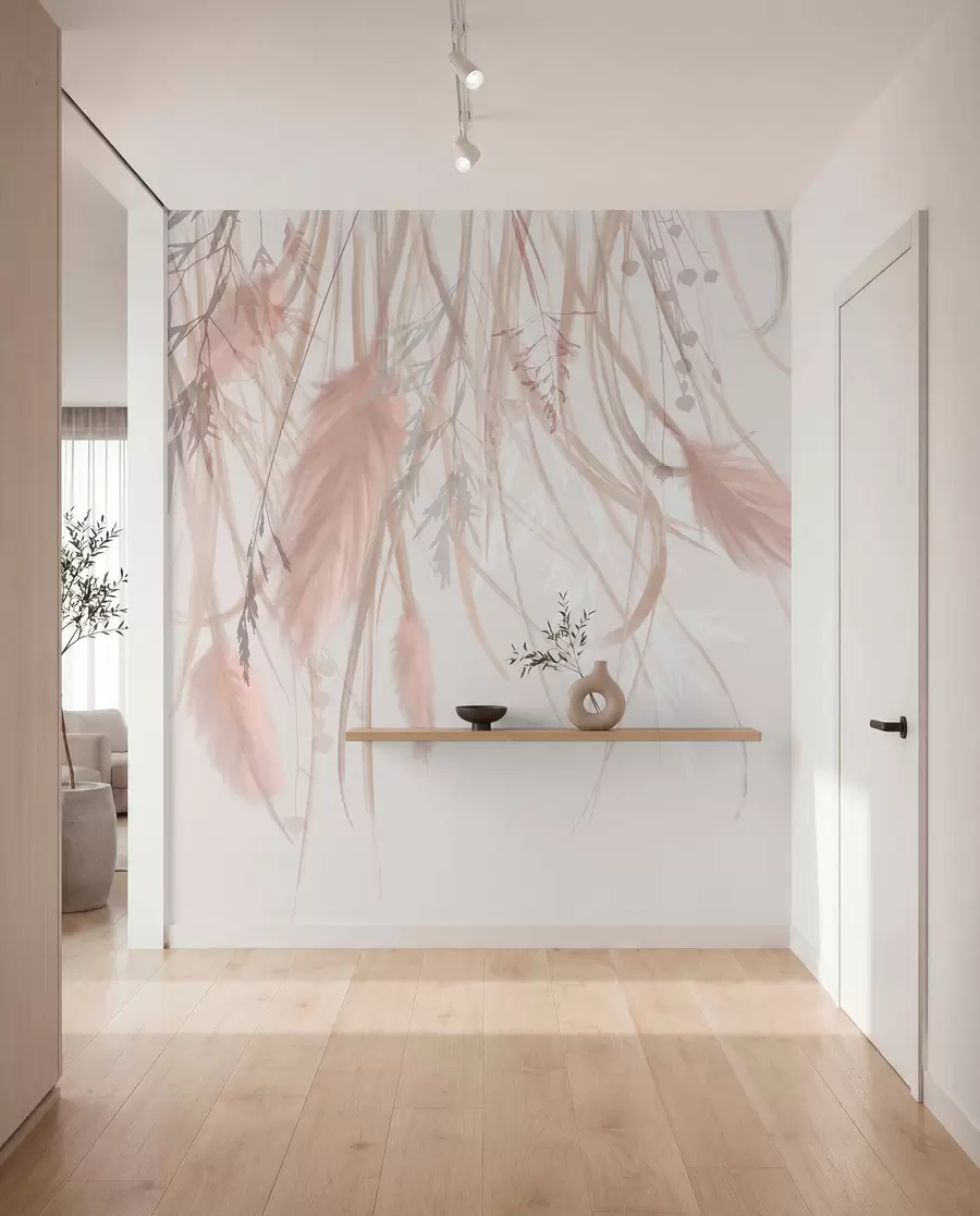 wall murals Soft, wispy pampas grass and spikelets in shades of beige and pink against a light background w08611