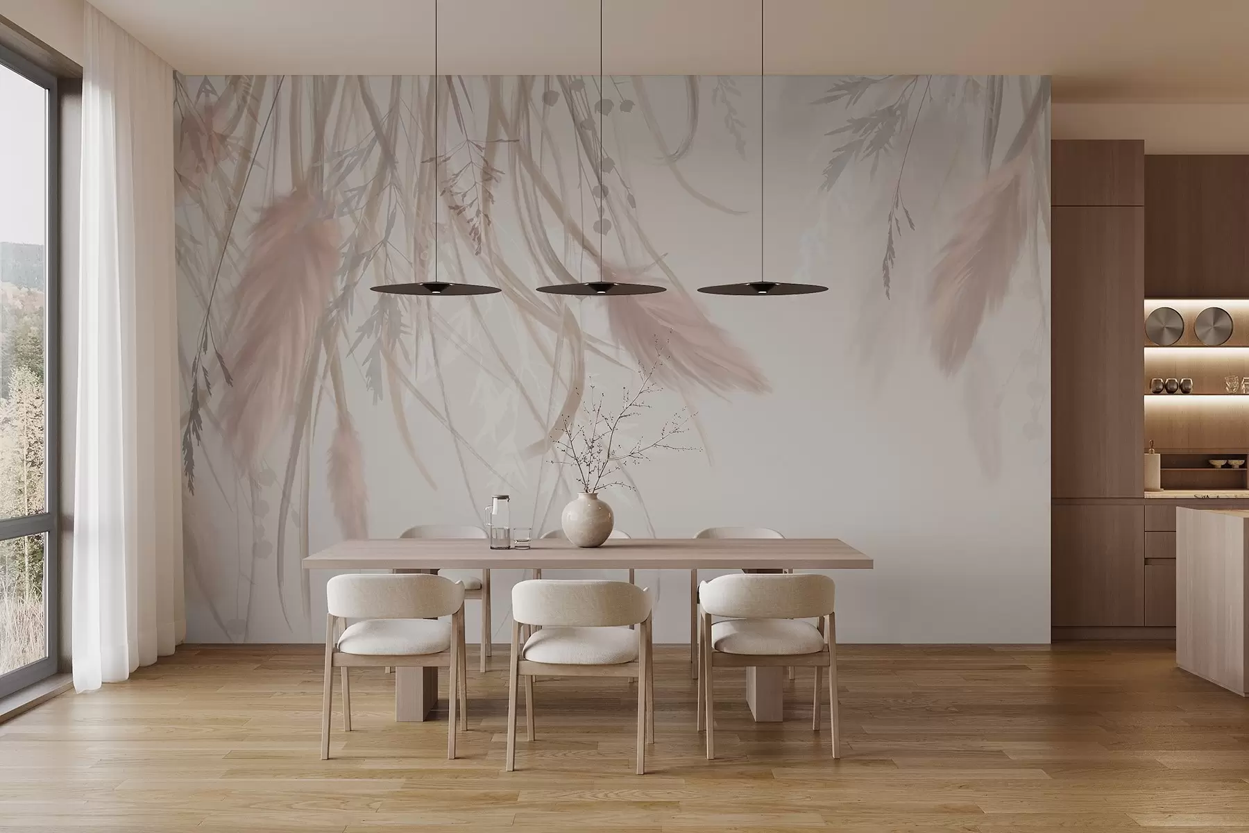 wall murals Soft, wispy pampas grass and spikelets in shades of beige and pink against a light background w08611