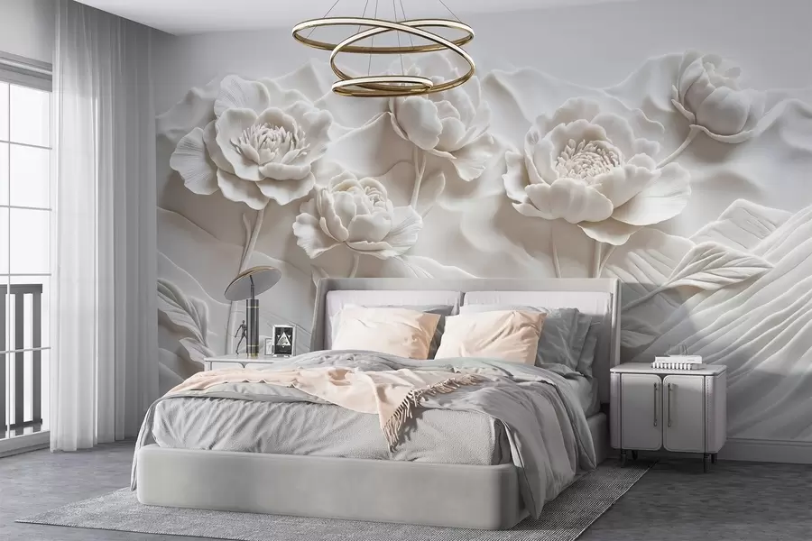 wall murals A white floral imitation of relief sculpture with large, detailed peony flowers against a plain background w08612