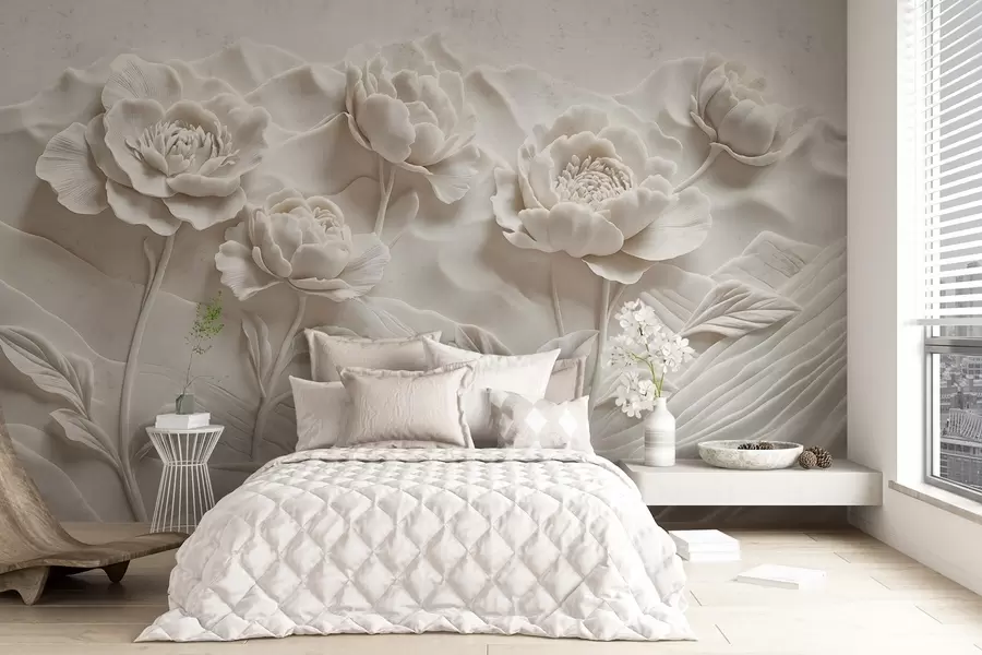 wall murals A white floral imitation of relief sculpture with large, detailed peony flowers against a plain background w08612
