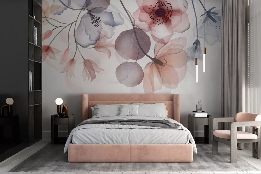 wall murals Delicate pink and gray translucent flowers with soft petals and dark centers, against a light background w08613