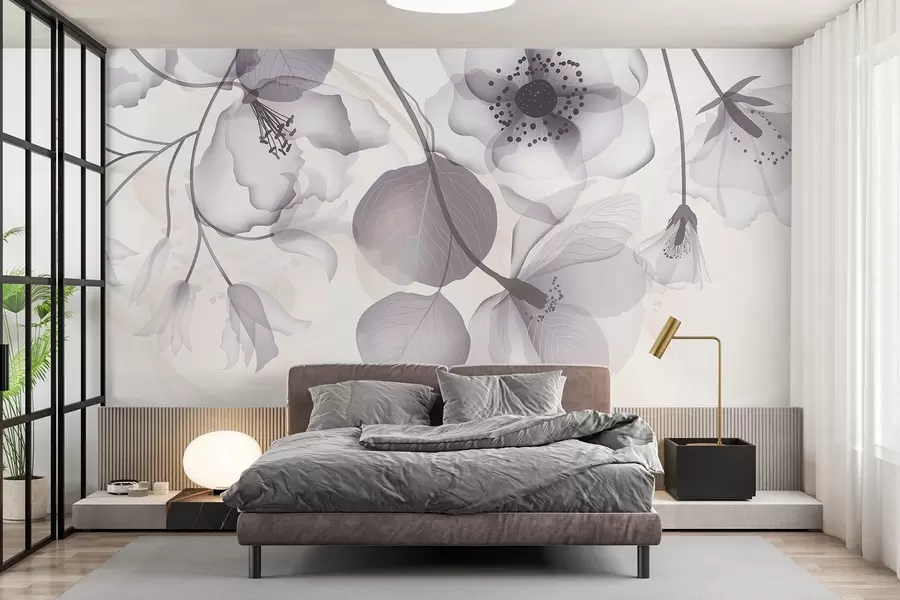 wall murals Delicate gray and beige translucent flowers with soft petals and dark centers, against a light background w08613v2