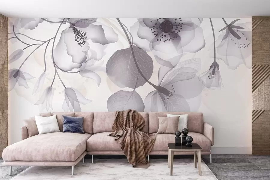 wall murals Delicate gray and beige translucent flowers with soft petals and dark centers, against a light background w08613v2