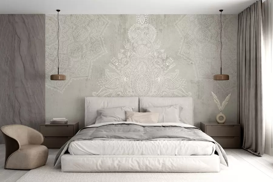 wall murals A detailed, intricate white lace mandala print on a light beige textured abstract background w08614