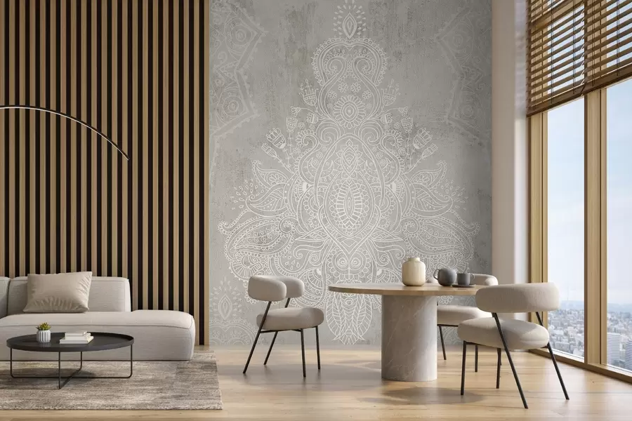 wall murals A detailed, intricate white lace mandala print on a light beige textured abstract background w08614