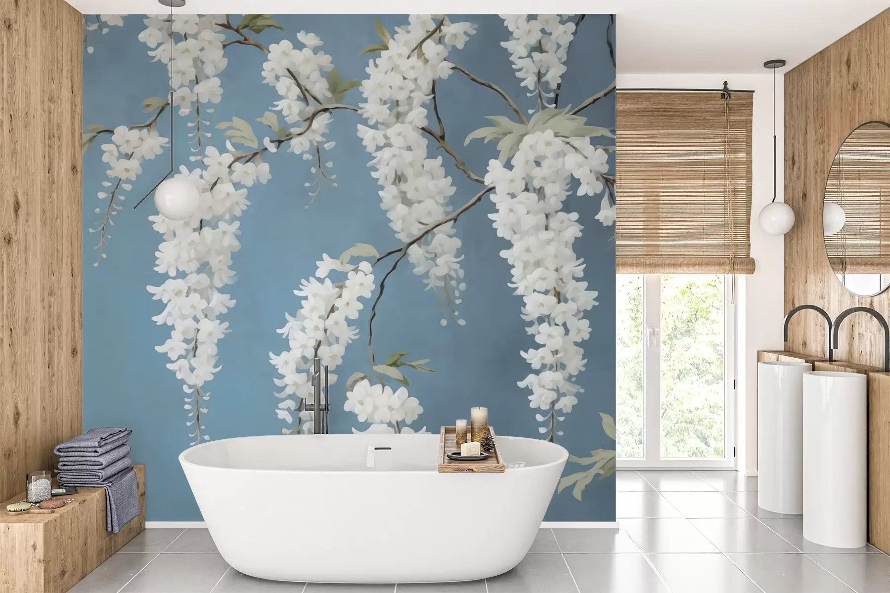 wall murals White acacia on blue imitation painting w02723