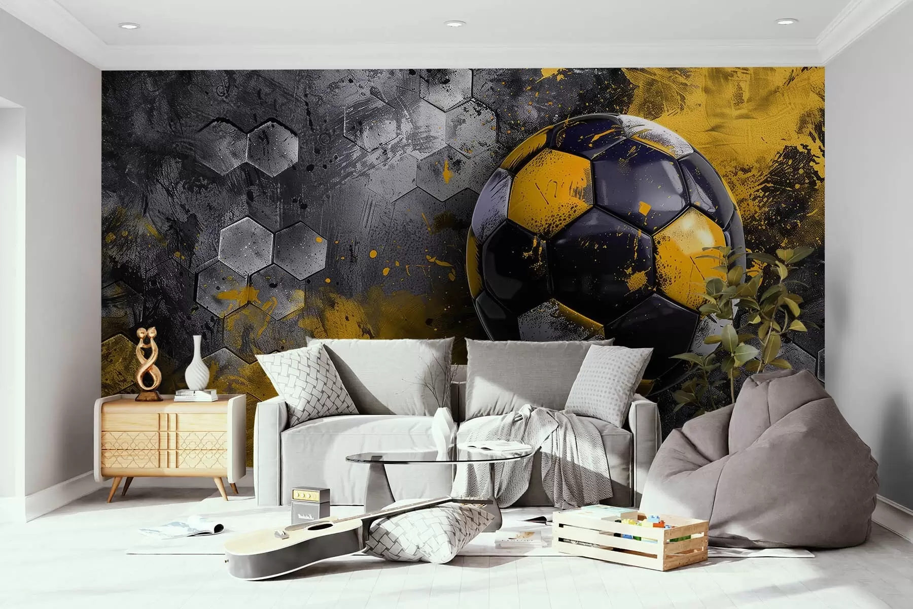 wall murals Soccer ball on a background of honeycombs with yellow paint stains w08616