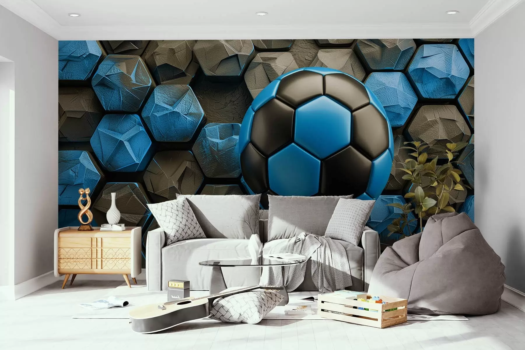 wall murals Large soccer ball and black and blue honeycombs w08617