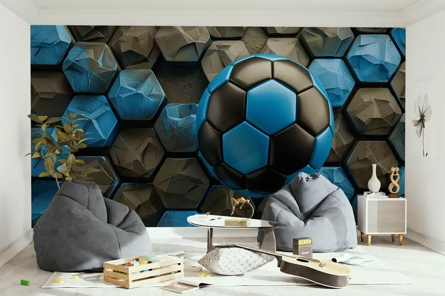 wall murals Large soccer ball and black and blue honeycombs w08617