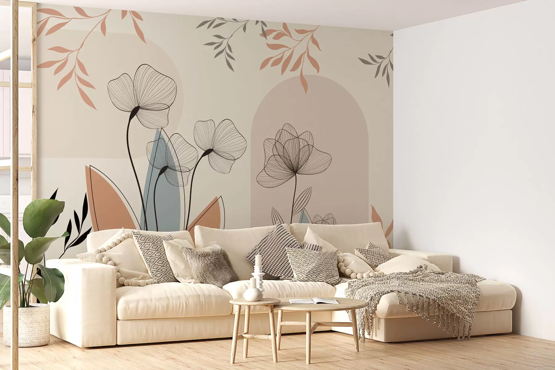 wall murals Boho style flowers and branches w02754