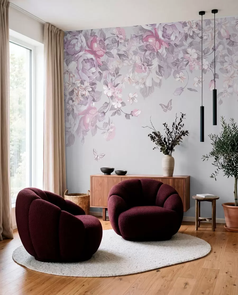 wall murals Delicate blooms and fluttering butterflies u94295v2