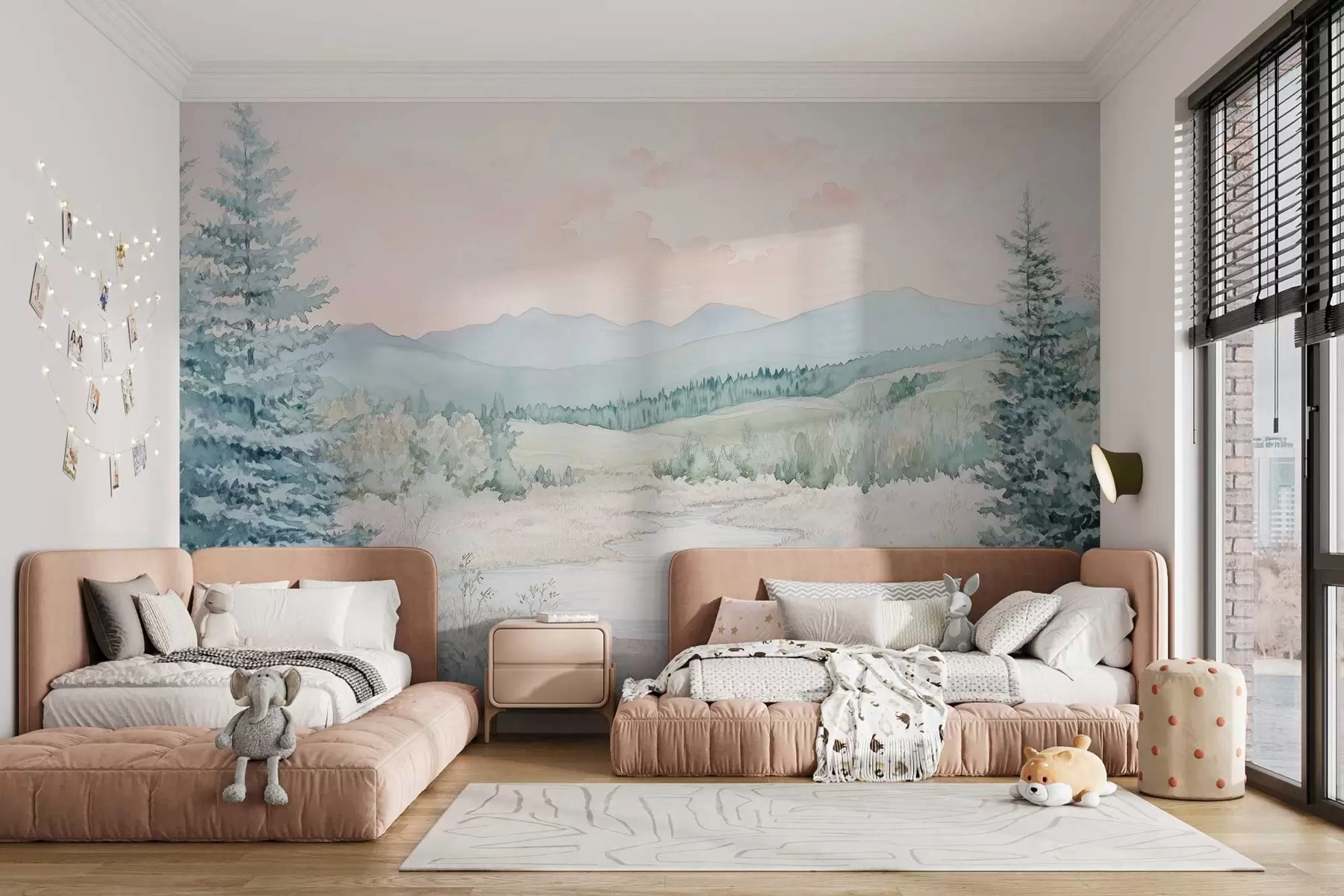 wall murals landscape in watercolor style with fir trees w02689