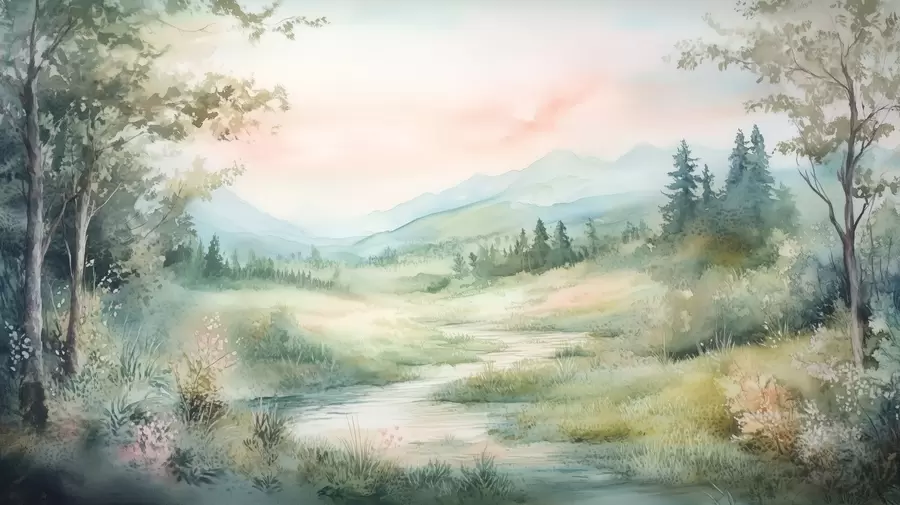 wall murals watercolor landscape with a path and mountains w02764