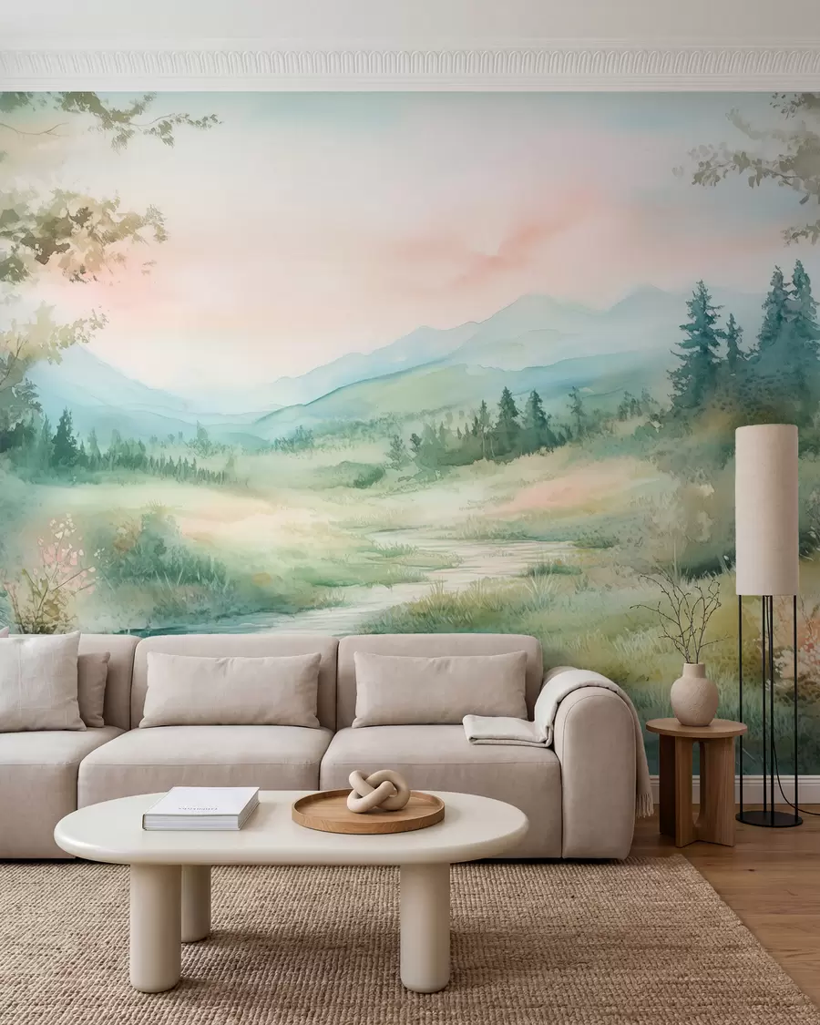 wall murals watercolor landscape with a path and mountains w02764
