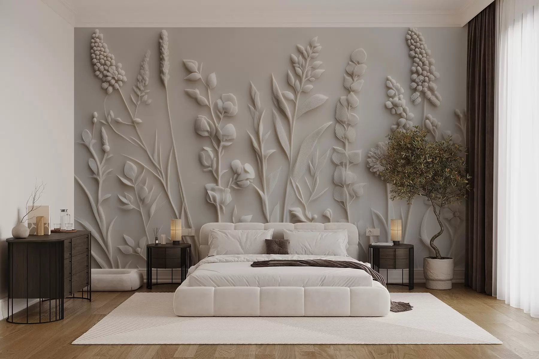 wall murals Elegant wildflowers in stucco style w08631
