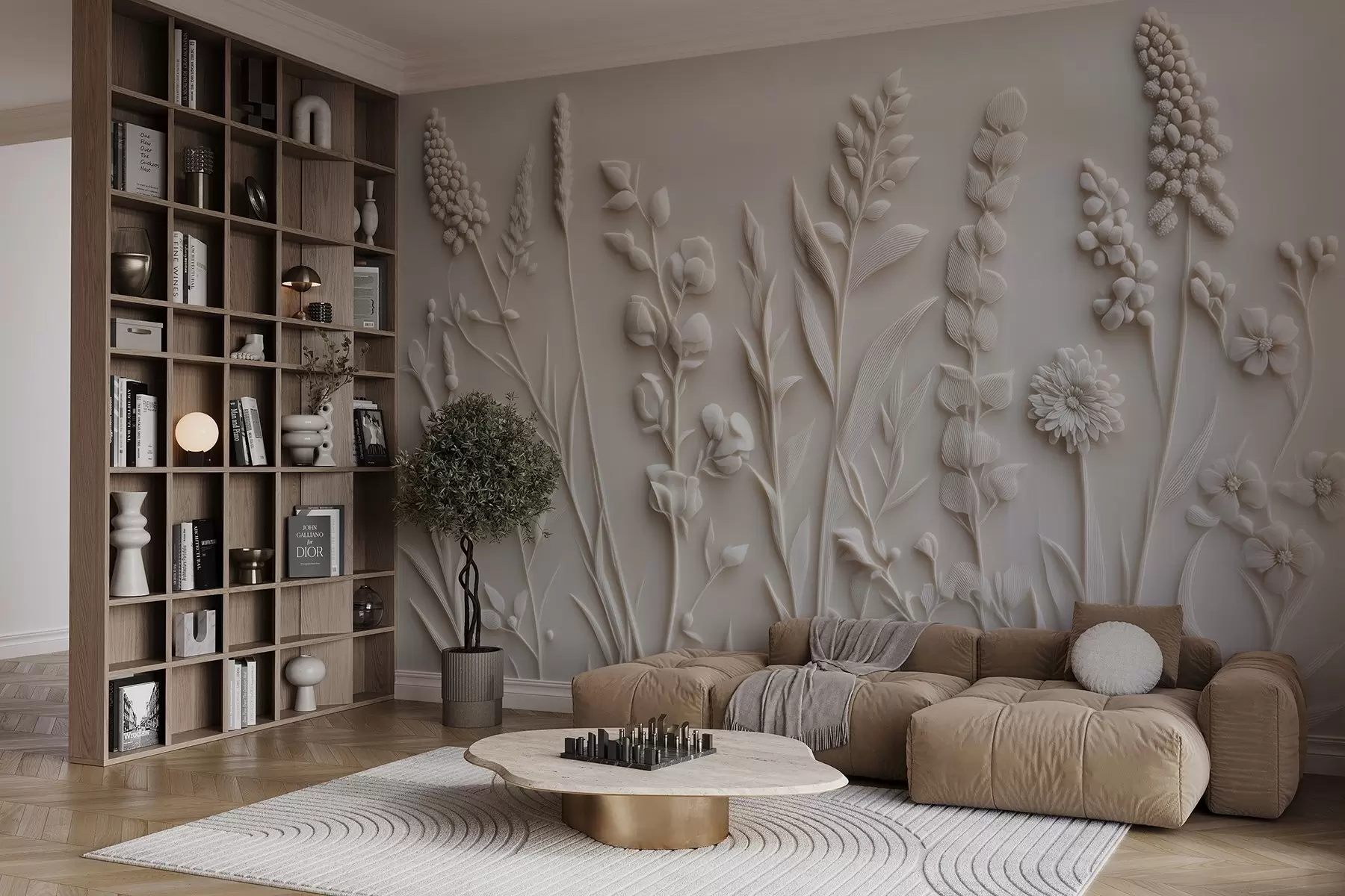 wall murals Elegant wildflowers in stucco style w08631