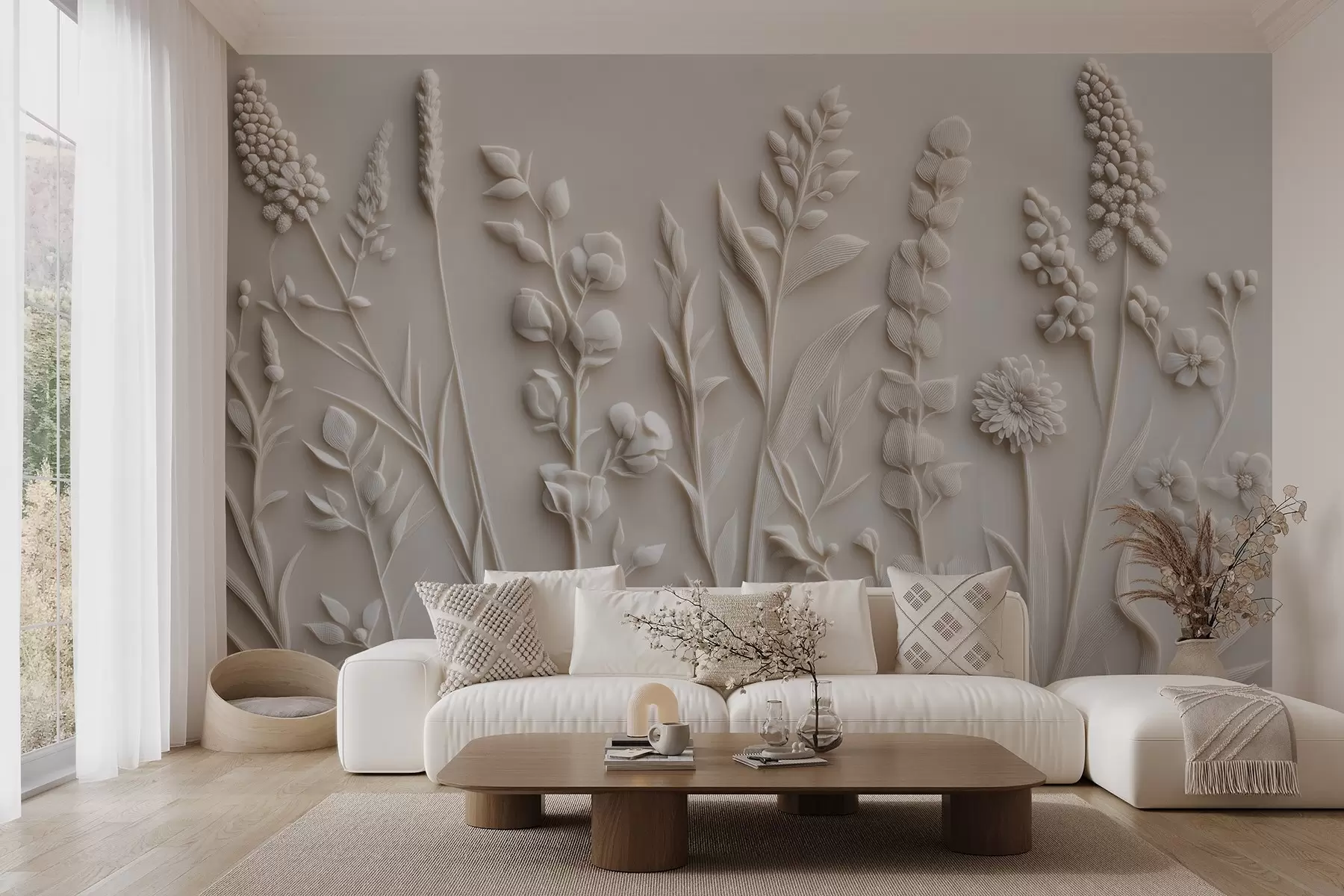 wall murals Elegant wildflowers in stucco style w08631