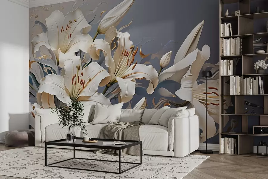wall murals Sophisticated white lilies on a grey-blue background w08633