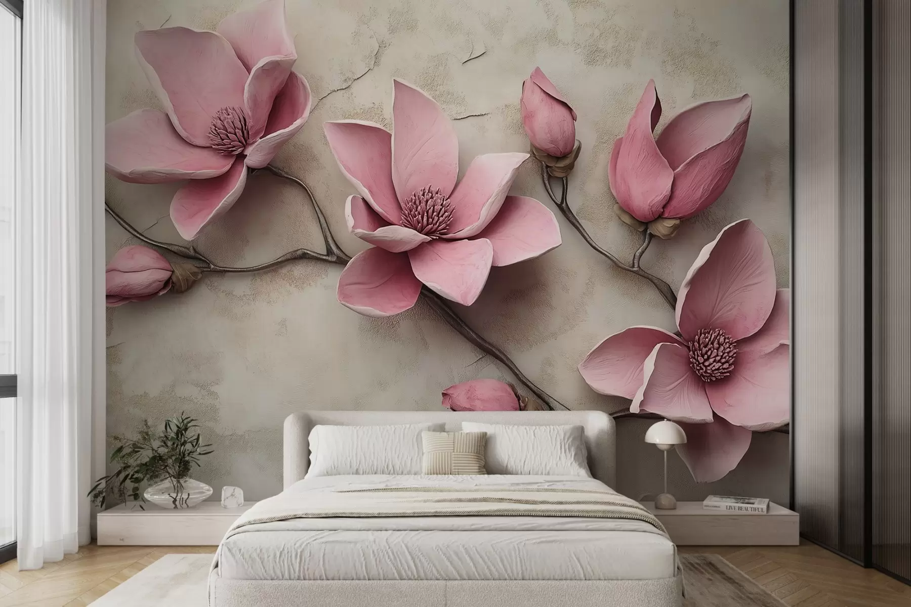 wall murals Pink magnolias in stucco style w08635