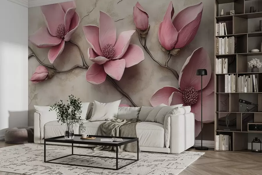 wall murals Pink magnolias in stucco style w08635