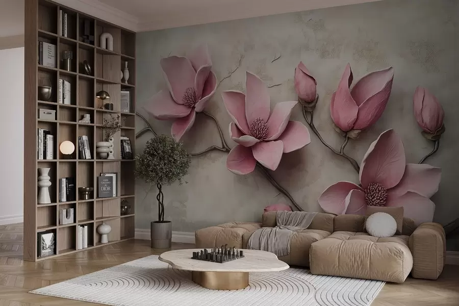 wall murals Pink magnolias in stucco style w08635
