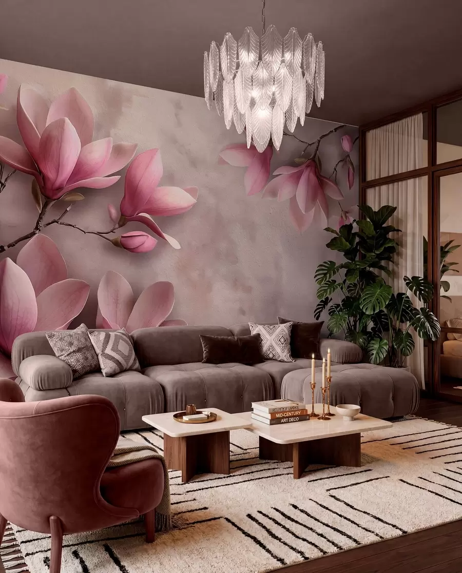 wall murals Delicate pink magnolias on a concrete wall w08636