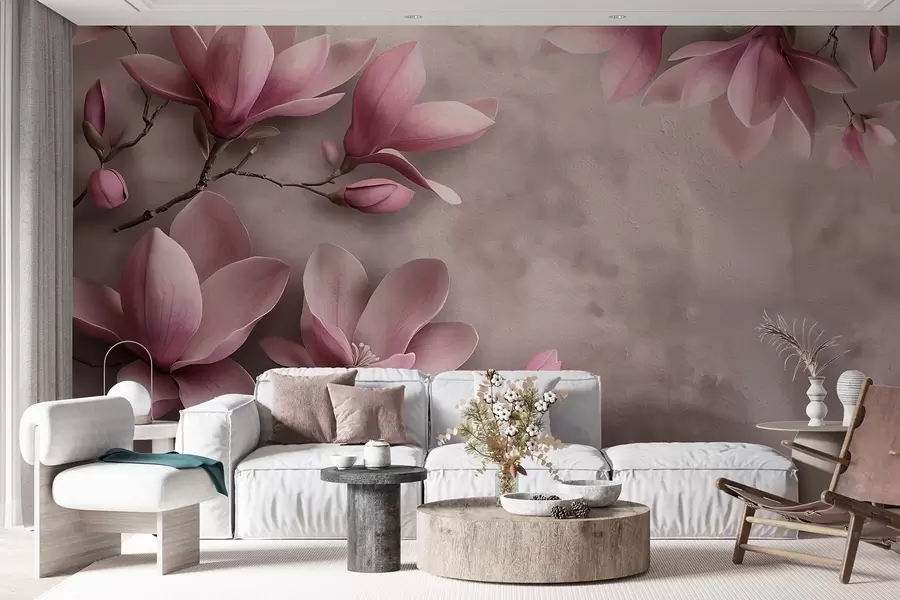 wall murals Delicate pink magnolias on a concrete wall w08636