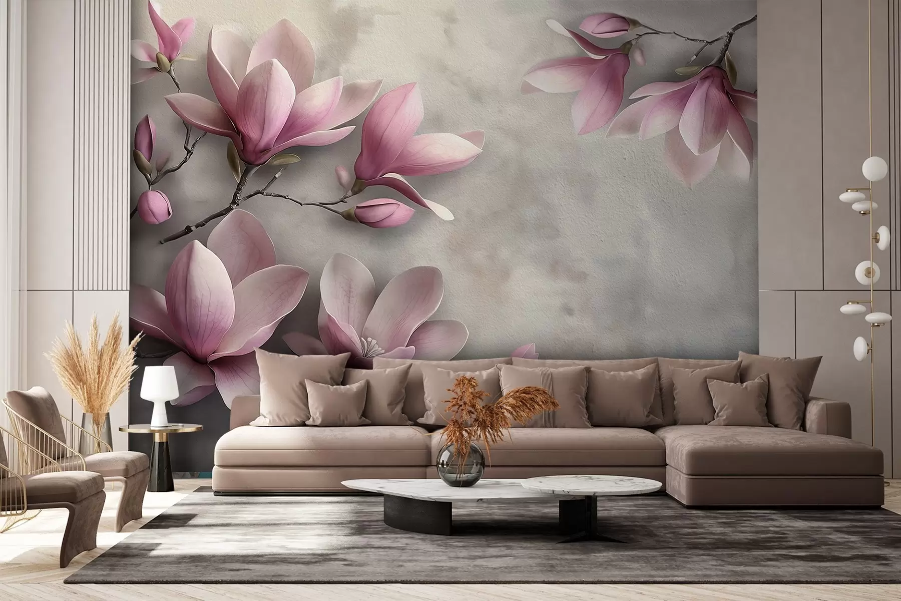 wall murals Delicate pink magnolias on a concrete wall in grey tones w08636v1