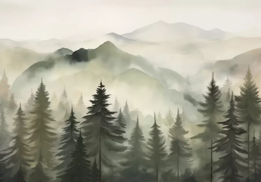 wall murals Mountain landscape with a forest of pine trees and layered mountains during dawn with light fog watercolor imitation art  w08639