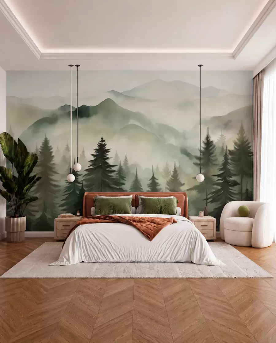 wall murals Mountain landscape with a forest of pine trees and layered mountains during dawn with light fog watercolor imitation art  w08639