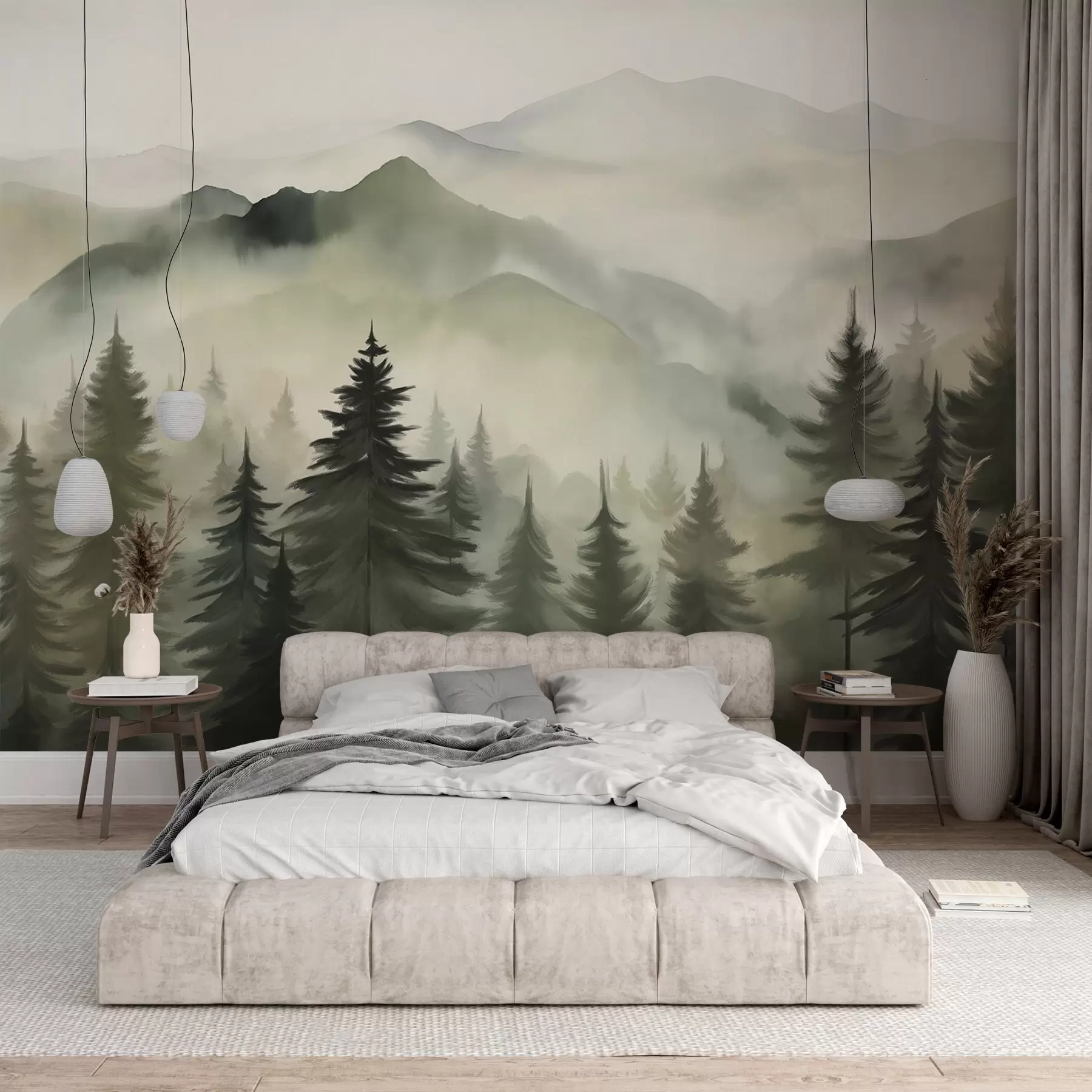 wall murals Mountain landscape with a forest of pine trees and layered mountains during dawn with light fog watercolor imitation art  w08639