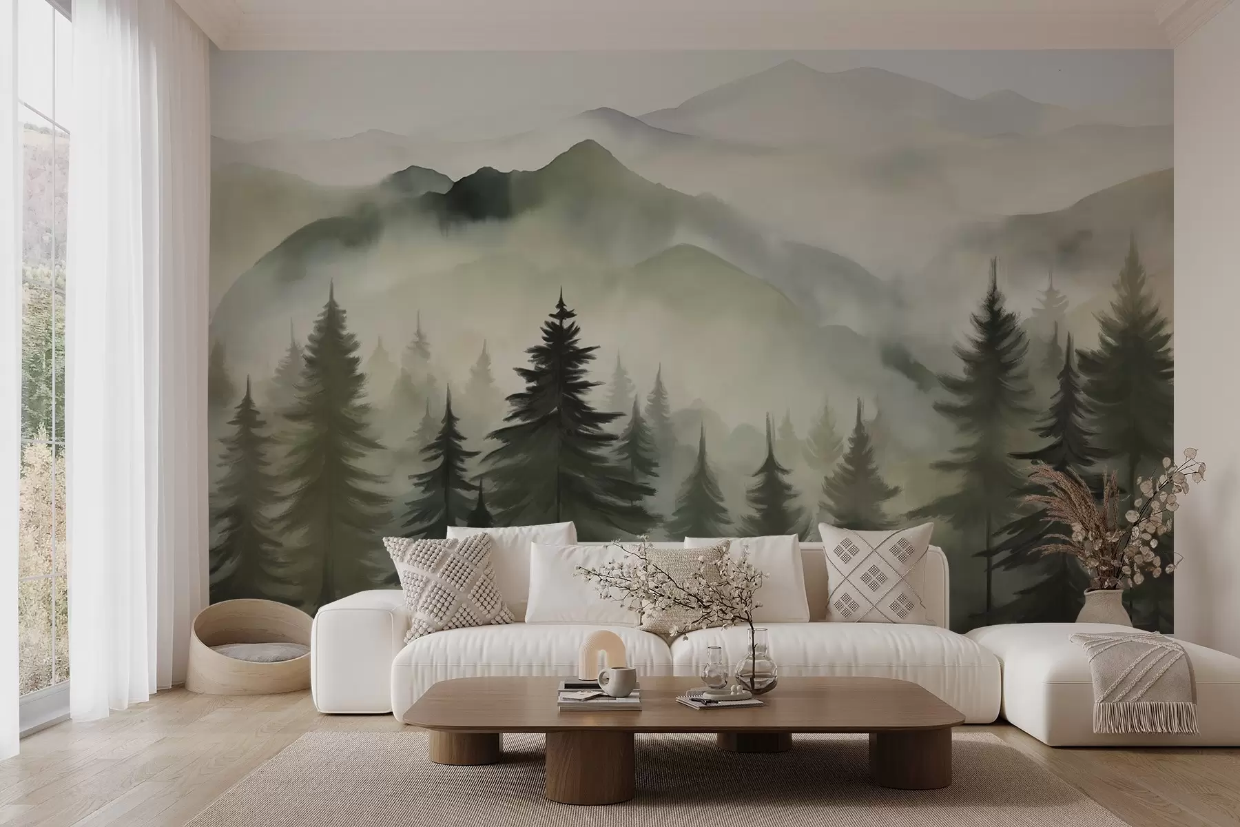 wall murals Mountain landscape with a forest of pine trees and layered mountains during dawn with light fog watercolor imitation art  w08639