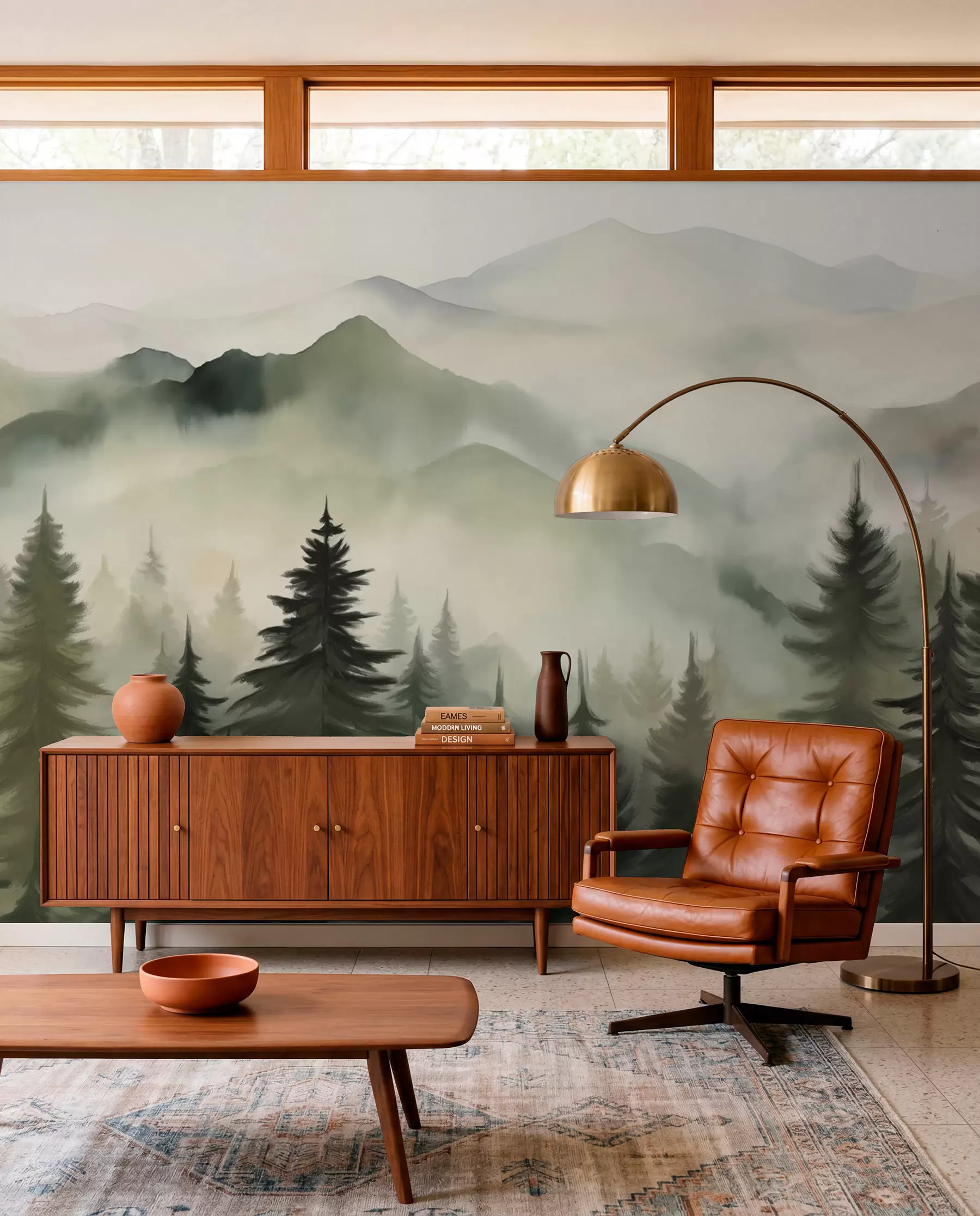 wall murals Mountain landscape with a forest of pine trees and layered mountains during dawn with light fog watercolor imitation art  w08639