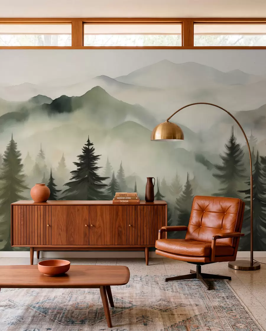 wall murals Mountain landscape with a forest of pine trees and layered mountains during dawn with light fog watercolor imitation art  w08639