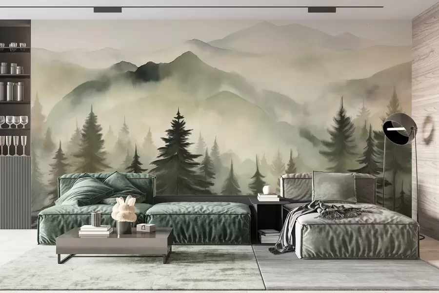 wall murals Mountain landscape with a forest of pine trees and layered mountains during dawn with light fog watercolor imitation art  w08639