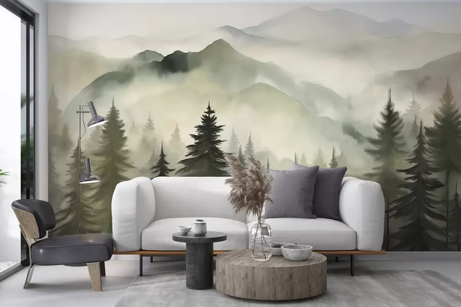 wall murals Mountain landscape with a forest of pine trees and layered mountains during dawn with light fog watercolor imitation art  w08639