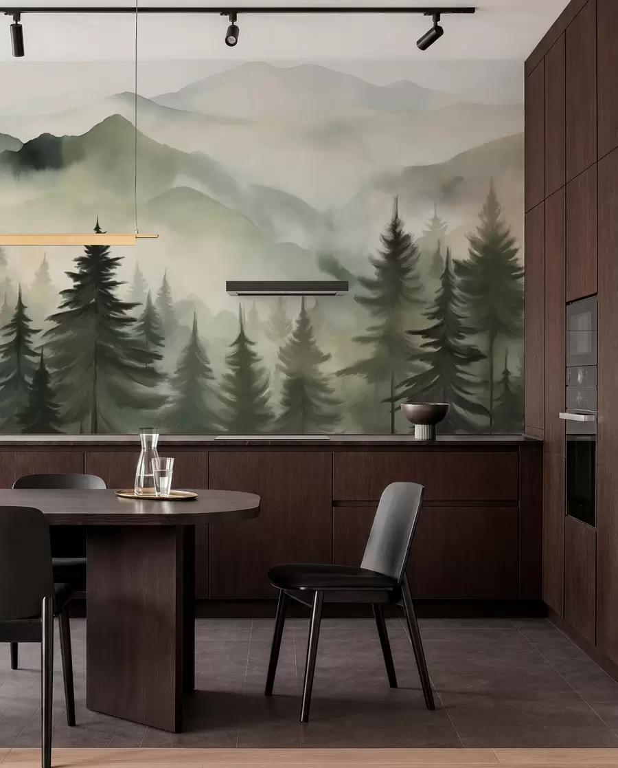 wall murals Mountain landscape with a forest of pine trees and layered mountains during dawn with light fog watercolor imitation art  w08639
