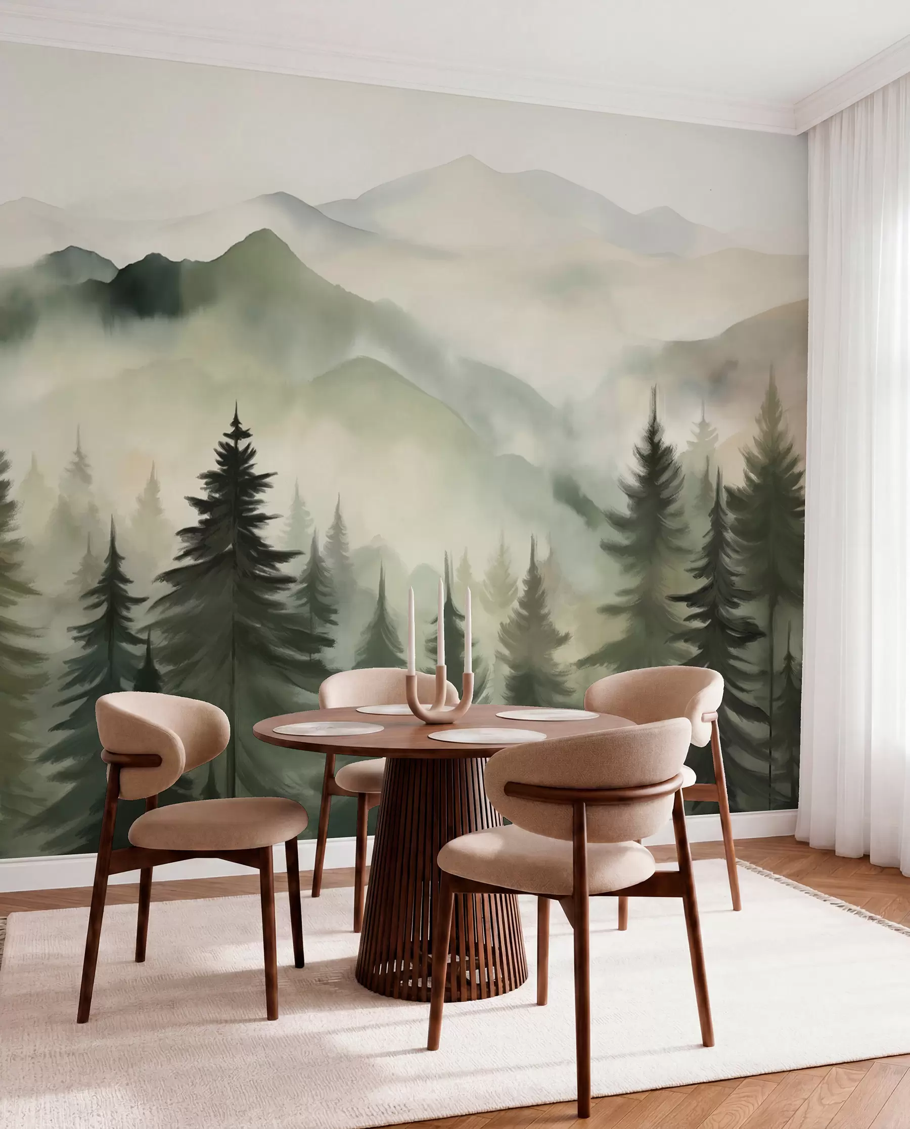 wall murals Mountain landscape with a forest of pine trees and layered mountains during dawn with light fog watercolor imitation art  w08639