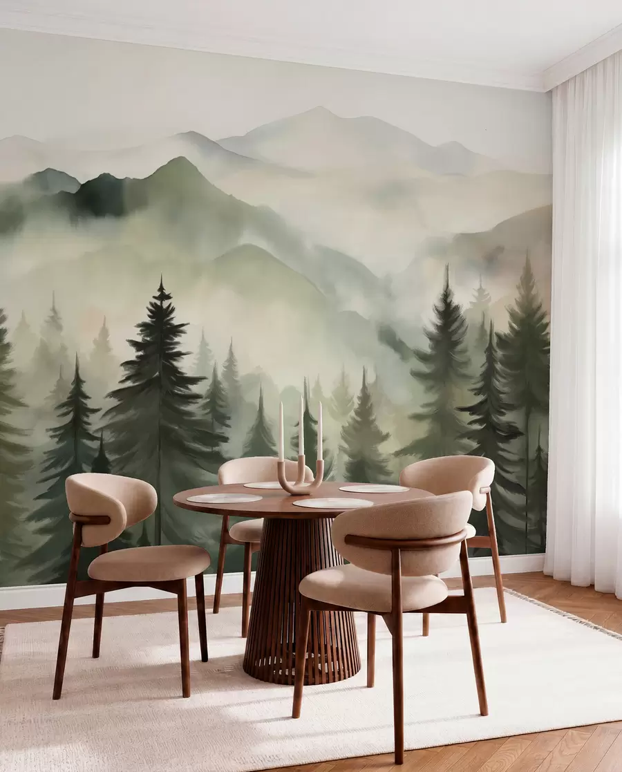 wall murals Mountain landscape with a forest of pine trees and layered mountains during dawn with light fog watercolor imitation art  w08639