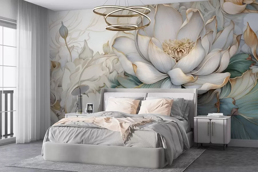 wall murals A large, delicate white lily flower and foliage with soft, layered decorative petals on abstract blured textured background w08640