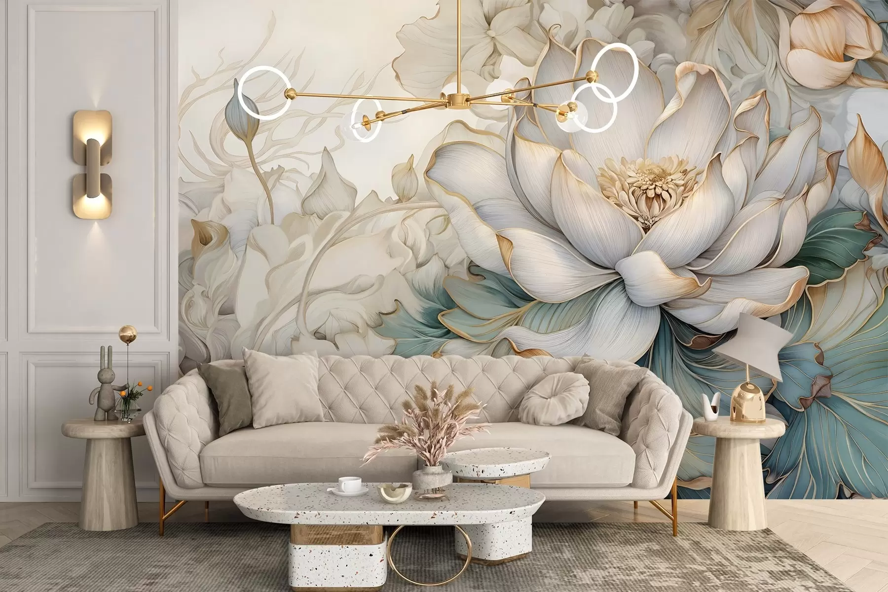 wall murals A large, delicate white lily flower and foliage with soft, layered decorative petals on abstract blured textured background w08640