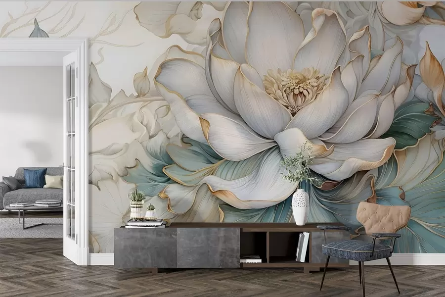 wall murals A large, delicate white lily flower and foliage with soft, layered decorative petals on abstract blured textured background w08640
