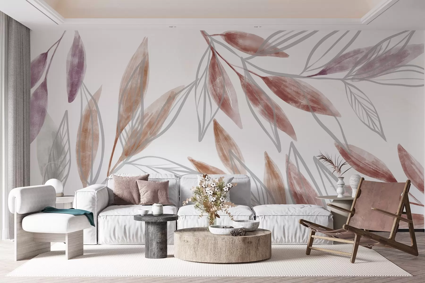 wall murals Delicate pink and gray textured pastel leaves , creating a serene and minimalist botanical composition w08642