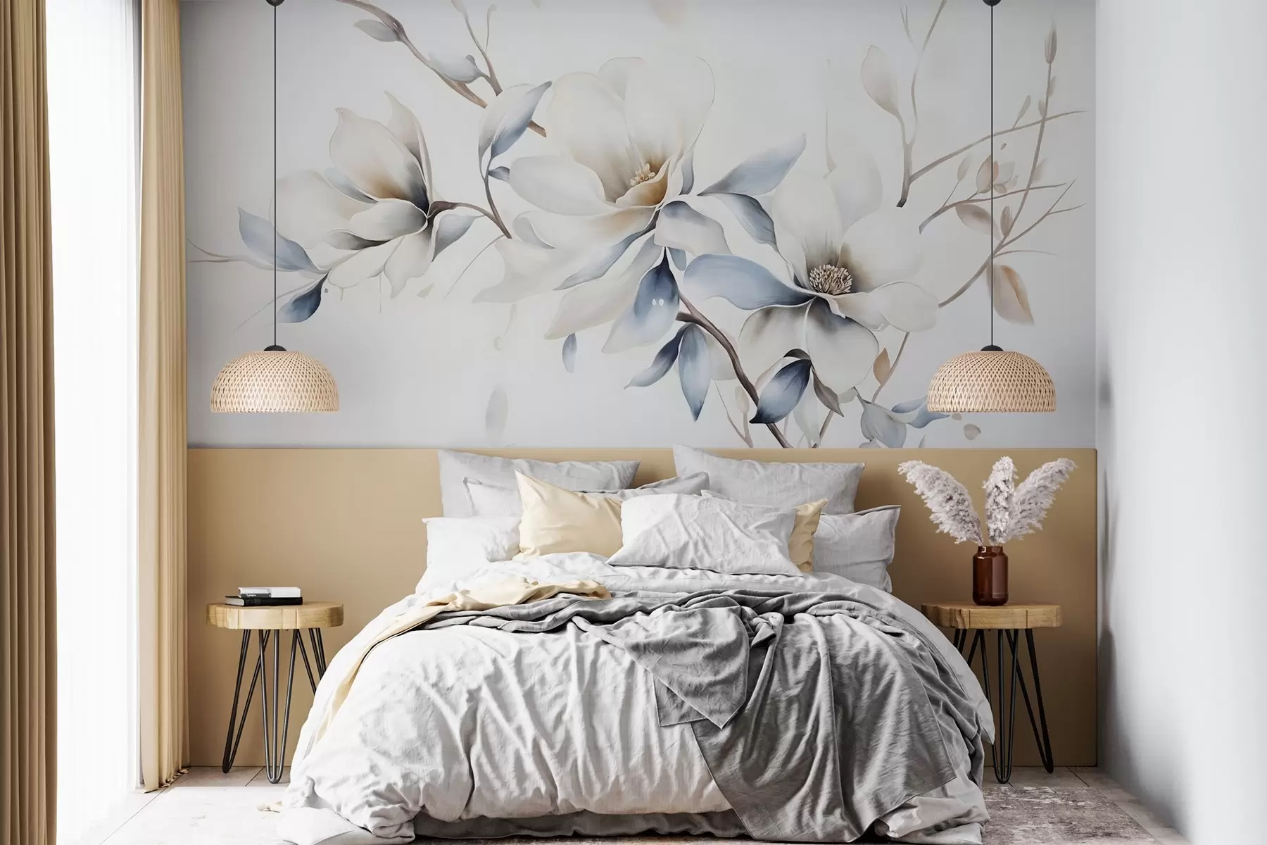 wall murals Delicate white magnolia flowers with soft blue petals against a light background watercolor imitation minimalism  w08644