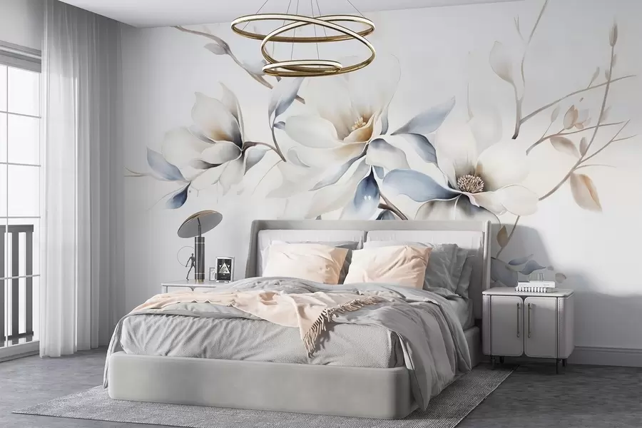 wall murals Delicate white magnolia flowers with soft blue petals against a light background watercolor imitation minimalism  w08644