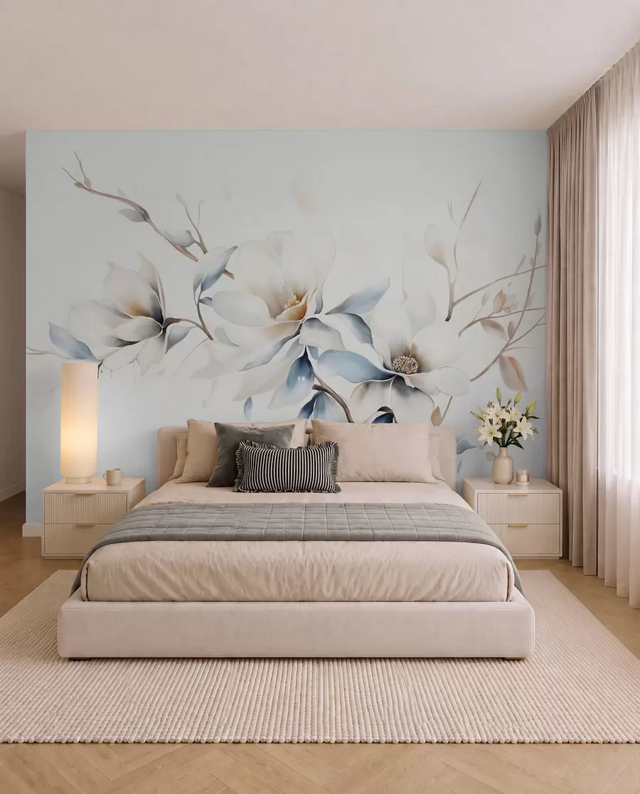 wall murals Delicate white magnolia flowers with soft blue petals against a light background watercolor imitation minimalism  w08644