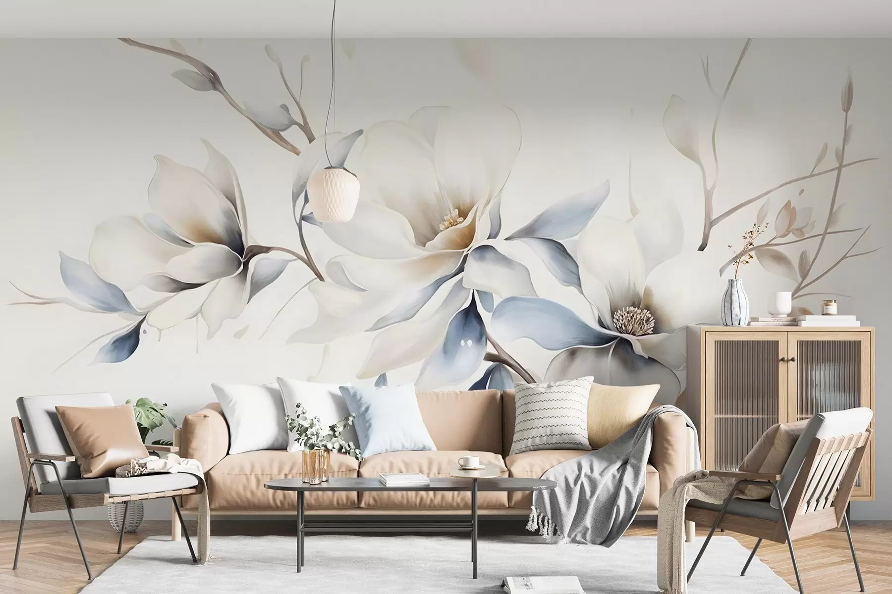 wall murals Delicate white magnolia flowers with soft blue petals against a light background watercolor imitation minimalism  w08644