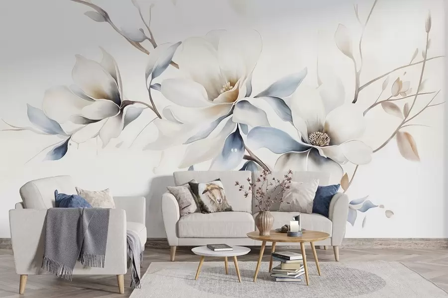 wall murals Delicate white magnolia flowers with soft blue petals against a light background watercolor imitation minimalism  w08644