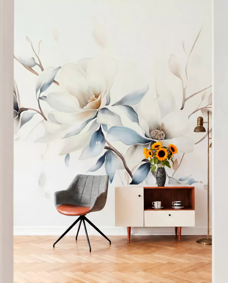wall murals Delicate white magnolia flowers with soft blue petals against a light background watercolor imitation minimalism  w08644